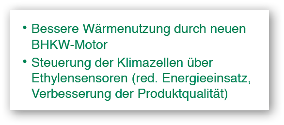    Bessere W rmenutzung durch neuen BHKW-Motor    Steuerung der Klimazellen  ber Ethylensensoren (red  Energieeinsatz   