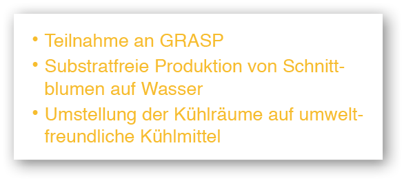    Teilnahme an GRASP    Substratfreie Produktion von Schnittblumen auf Wasser    Umstellung der K hlr ume auf umwelt   